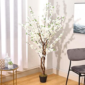 Yapay Ağaç Lüx Bahardalı Ağacı Beyaz Japon Kiraz Çiçeği Sakura Çiçeği 150x70cm Siyah Plastik Saksılı