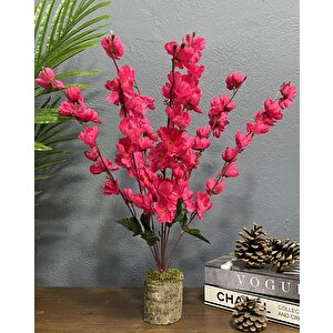 Yapay Çiçek Ahşap Kütük Saksılı Fuşya Bahardalı Palmiye Ağacı Salon Bitkisi 50cm