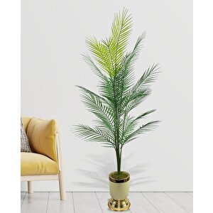 Yapay Ağaç Areka Ağacı Salon Bitkisi Krem Gold Metal Vazoda 130 Cm 12 Yaprak