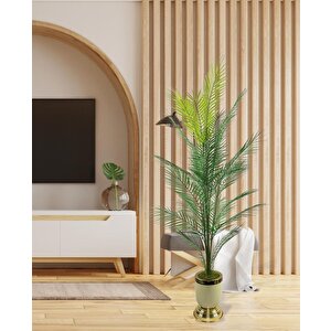 Yapay Ağaç Areka Ağacı Salon Bitkisi Krem Gold Metal Vazoda 130 Cm 12 Yaprak