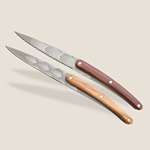 2 Deejo Paring Knives, Olive And Coral Wood / Art Deco Bıçak Seti