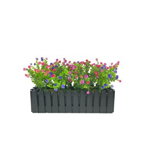 Yapay Çiçek Siyah Çit Balkon Saksısı Renkli Mineli Şimşir Çiçekli 55*35cm