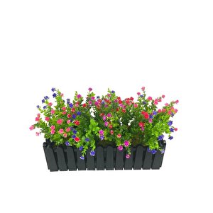 Yapay Çiçek Siyah Çit Balkon Saksısı Renkli Mineli Şimşir Çiçekli 55*35cm