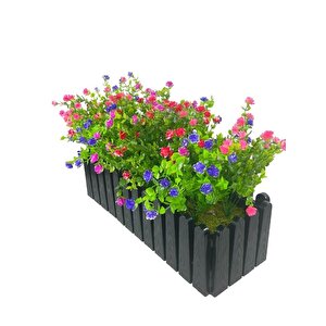 Yapay Çiçek Siyah Çit Balkon Saksısı Renkli Mineli Şimşir Çiçekli 55*35cm