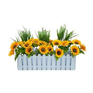 Yapay Çiçek Beyaz Çit Balkon Saksısı Ay Çiçekli 55*20cm