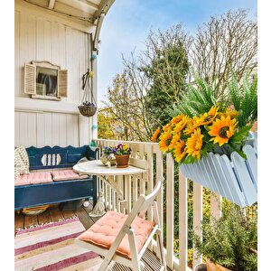 Yapay Çiçek Beyaz Çit Balkon Saksısı Ay Çiçekli 55*20cm