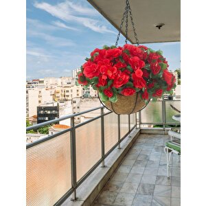 Yapay Çiçek Sarkaç Askılı Makreme Sepette Açelya Kırmızı Çiçek Sepeti