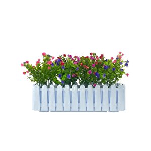 Yapay Çiçek Beyaz Çit Balkon Saksısı Renkli Mineli Şimşir Çiçekli 55*35cm