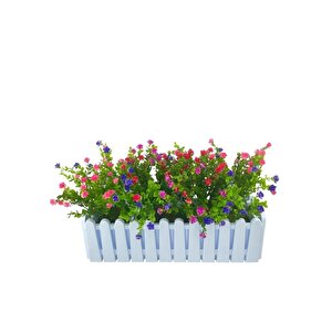 Yapay Çiçek Beyaz Çit Balkon Saksısı Renkli Mineli Şimşir Çiçekli 55*35cm