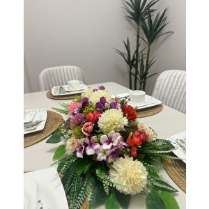 Yapay Çiçek Yemek Masası Çiçeği Beyaz Krizantem Ve Fındık Gül Yapay Masa Çiçeği