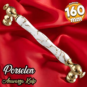 Anavarza Gerçek Porselen Gold Beyaz 160 Mm Mobilya Mutfak Kulp Çekmece Dolap Kulplar Kulpu Kulbu