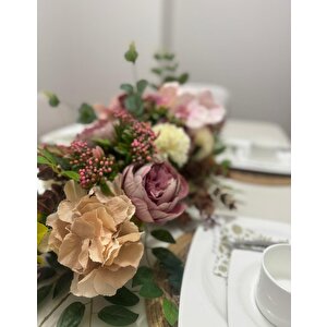 Yapay Çiçek Yemek Masası Çiçeği Pembe Şakayık Orkide Okaliptus Yapay Masa Çiçeği