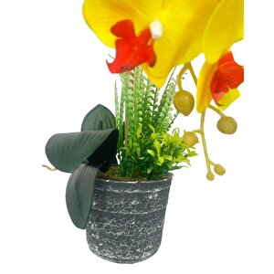 Yapay Çiçek 2li Sarı Kırmızı Islak Orkide Seramik Saksıda Orkide 60cm