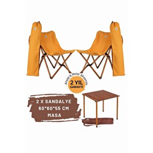 Ahşap Katlanır Masa Sandalye Seti Kahverengi Iskelet Hardal Kılıf -60x60x55 Masa