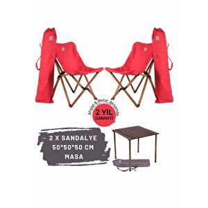 Ahşap Katlanır Masa Sandalye Seti Antrasit Iskelet Kırmızı Kılıf -50x50x50 Masa