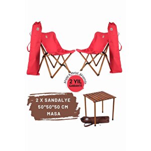 Ahşap Katlanır Masa Sandalye Seti Kahverengi Iskelet Kırmızı Kılıf -50x50x50 Masa