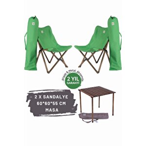 Ahşap Katlanır Masa Sandalye Seti Antrasit Iskelet Yeşil Kılıf -60x60x55 Masa