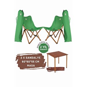 Ahşap Katlanır Masa Sandalye Seti Kahverengi Iskelet Yeşil Kılıf -60x60x55 Masa