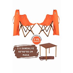 Ahşap Katlanır Masa Sandalye Seti Kahverengi Iskelet Turuncu Kılıf -60x60x55 Masa