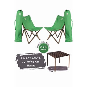 Ahşap Katlanır Masa Sandalye Seti Antrasit Iskelet Yeşil Kılıf -70x70x55 Masa