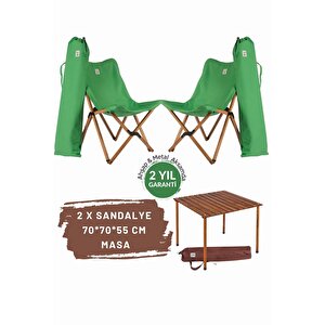 Ahşap Katlanır Masa Sandalye Seti Kahverengi Iskelet Yeşil Kılıf -70x70x55 Masa