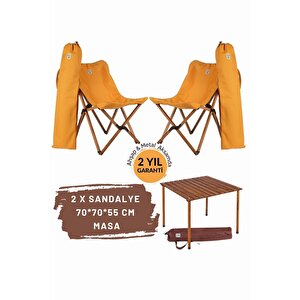 Ahşap Katlanır Masa Sandalye Seti Kahverengi Iskelet Hardal Kılıf -70x70x55 Masa