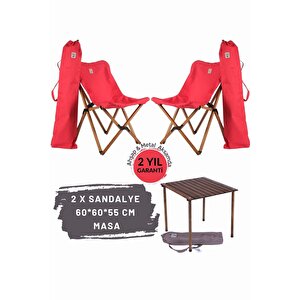 Ahşap Katlanır Masa Sandalye Seti Antrasit Iskelet Kırmızı Kılıf -60x60x55 Masa