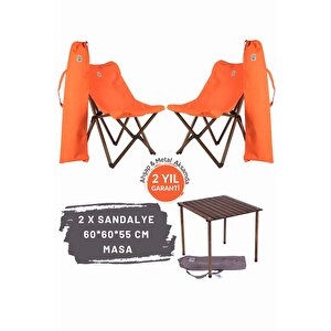 Ahşap Katlanır Masa Sandalye Seti Antrasit Iskelet Turuncu Kılıf -60x60x55 Masa