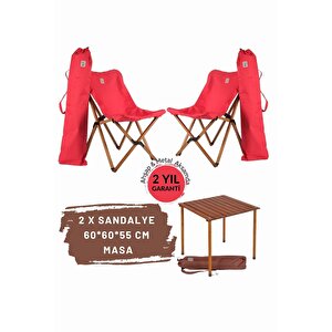 Ahşap Katlanır Masa Sandalye Seti Kahverengi Iskelet Kırmızı Kılıf -60x60x55 Masa