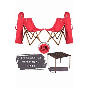 Ahşap Katlanır Masa Sandalye Seti Antrasit Iskelet Kırmızı Kılıf -70x70x55 Masa