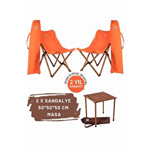Ahşap Katlanır Masa Sandalye Seti Kahverengi Iskelet Turuncu Kılıf -50x50x50 Masa