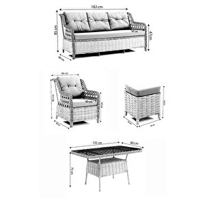 Deniz Rattan Puflu Bahçe Balkon Takımı 3+1+1 Gri