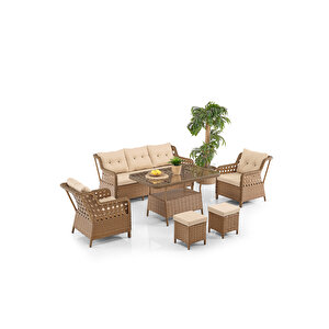 Deniz Rattan Puflu Bahçe Balkon Takımı 3+1+1 Kahve