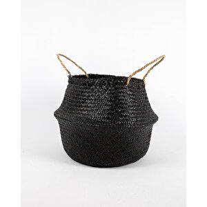 Siyah Small Boy Katlanabilir Doğal Hasır Sepet Saksılık, El Yapımı, Dekoratif Ve Şık 25x25cm