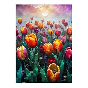 Renkli Laleler Desenli Ahşap Tablo 25cmx 35cm 25x35 cm