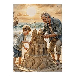 Kumdan Kale Yapan Çocuk Ve Adam Art Mdf Poster 35cm X50cm 35x50 cm