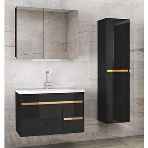 Viosen-Ea Siyah-Gold (80+35) 115 Cm Çekmeceli Mdf-Boy Dolaplı-Lavabolu Banyo Dolabı