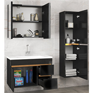 Viosen-Ea Siyah-Gold (80+35) 115 Cm Çekmeceli Mdf-Boy Dolaplı-Lavabolu Banyo Dolabı