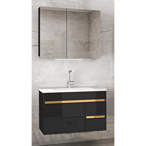 Viosen-Ea Siyah-gold 80 Cm Çekmeceli Mdf-Aynalı Lavabolu Banyo Dolabı Takımı