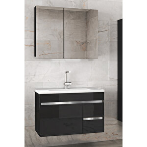 Viosen-Ea Siyah-Gri 80 Cm Çekmeceli Mdf-Aynalı Lavabolu Banyo Dolabı Takımı