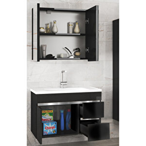 Viosen-Ea Siyah-Gri 80 Cm Çekmeceli Mdf-Aynalı Lavabolu Banyo Dolabı Takımı