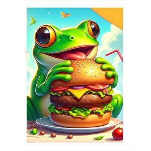 Hamburger Yiyen Kurbağa Dekoratif Ahşap Tablo 25cmx 35cm 25x35 cm