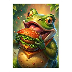 Hamburger Yiyen Kurbağa Hediyelik Ahşap Tablo 25cmx 35cm 25x35 cm