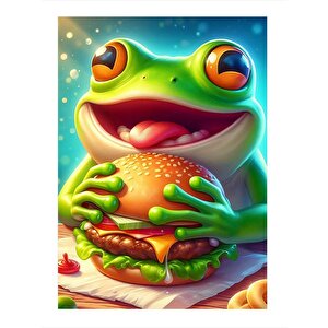 Hamburger Yiyen Kurbağa Hediyelik Ahşap Tablo 25cmx 35cm 25x35 cm