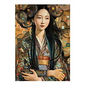 Soyut Renkli Fon Japon Kız Hediyelik Ahşap Tablo 35cm X50cm 35x50 cm