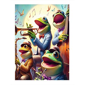 Jazz Müzik Yapan Kurbağalar Mdf Poster 35cm X50cm 35x50 cm