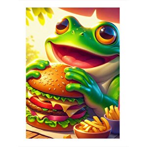 Hamburger Yiyen Kurbağa Dekoratif Ahşap Tablo 35cm X50cm 35x50 cm