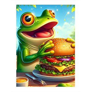 Hamburger Yiyen Kurbağa Hediyelik Ahşap Tablo 35cm X50cm 35x50 cm