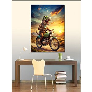 Kanvas Tablo Retro Motosiklet Kullanan Dinozor 70x100 cm