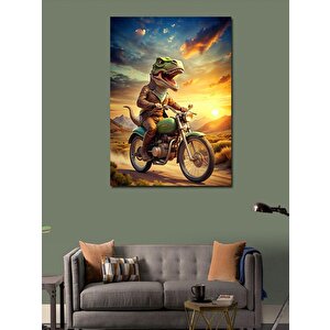 Kanvas Tablo Retro Motosiklet Kullanan Dinozor 70x100 cm